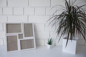 Interior. Decor for the home. Homemade flowers in white pots against a white brick wall.