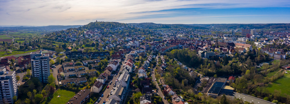 Aerial view of the city Leonberg in Germany on a sunny morning in early spring
