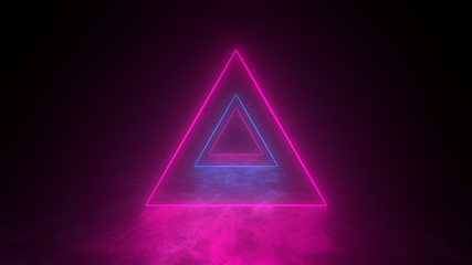 Neon abstract triangle background. Pink blue violet light, ultraviolet triangular hole in the wall. Window, open door, gate, portal. Corridor, tunnel entrance. Dramatic scene, 3d render