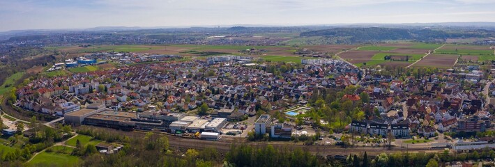 Aerial view of the city Sachsenheim in Germany on a sunny day in early spring