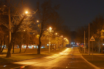 Moscow desert city street. Night in spring time. Coronavirus pandemic  lifestyle.