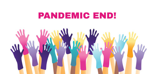 Quarantine is over. pandevic end. end the lockdown. coronavirus is finish. Hands up. multi-national group of people cheers with their hands raised in protective gloves