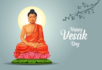 Happy Vesak Day, Buddha purnima wishes greetings with buddha and lotus illustration. Can be used for poster, banner, logo, background, greetings, print design, festive elements. vector illustration.