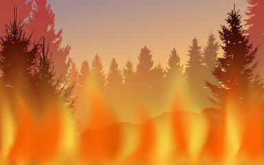 Fototapeta na wymiar Vector image of forest fire. Save the nature. Landscape with fire on trees. Burning of deadwood. Smoke from agreement.