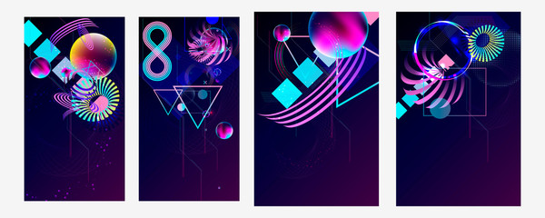 Set of posters dark retro futuristic art neon abstraction buttockground. Cosmos new art 3d starry sky glowing galaxy and planets blue