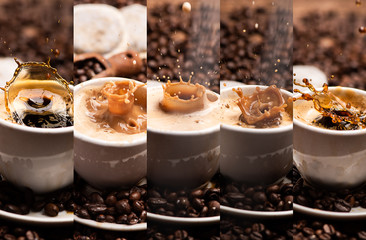 Collage of a coffee splash in a cup. Roasted, espresso