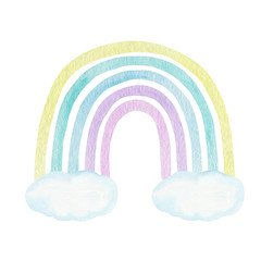 Kids graphic watercolor rainbow and clouds, clipart with hand painted pastel color boho rainbow.