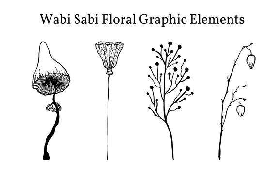 A set of not perfect black graphic simple plant elements. Silhouettes of mushrooms, lotus and branches. Illustration isolated on white. Hand drawing vector asia sign, symbol. Wabi Sabi Japanese style