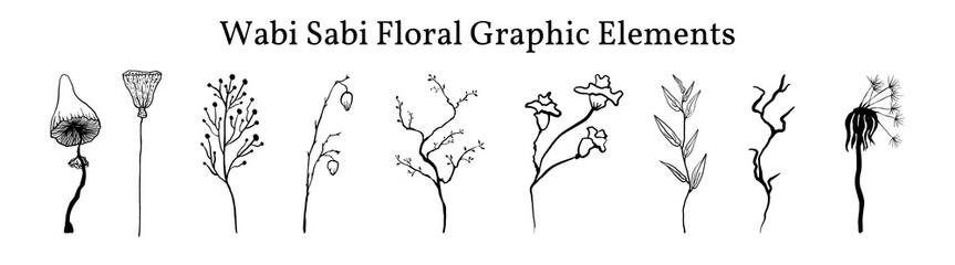 Set not perfect black graphic simple plants elements for your design. Silhouettes branches, mushroom, old dandelion and lotus. Illustration isolated on white. Hand drawing vector asia sign, symbol