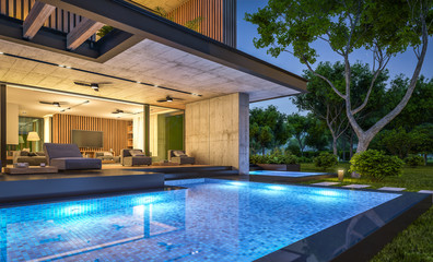 3d rendering of modern cozy house with parking and pool for sale or rent with wood plank facade and beautiful landscaping on background. Clear summer night with many stars on the sky.