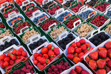 Provence, France - August 2013: Summer fruits on sale in the Wednesday market, St Rémy de Provence