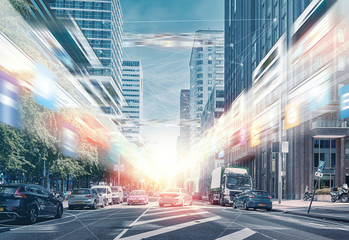 Metaverse concept. 5G network through city streets, wireless mobile internet technology, smart grid, 5G LTE data connection, global business, fintech, blockchain, computer graphic