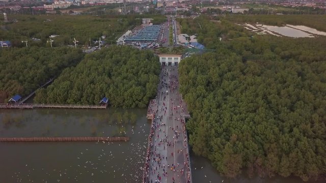 Aerial view landscape in sunset at Bang Pu Recreation Center is a seaside resort on the Bay with point of view seagulls