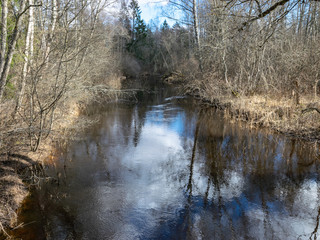 river view from the bridge, small river in early spring, blue sky and reflections in the water