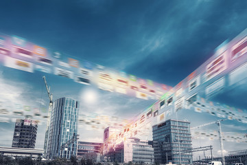 Wireless network and metaverse technology concept, 5G network concept, internet of things, big data, zuidas, online shopping, connecting people, business area, AR data stream, Amsterdam picture, busi