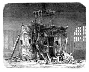 The two stories gondola made of wicker with a balcony of the Le Geant balloon after the disaster in 1863