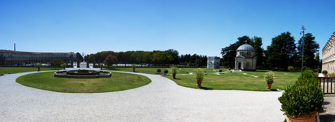 Panorama view of Villa Contarini, Padova, Italy. Main entrance of the villa with a little church on...