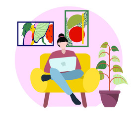 Young beautiful woman writes a post on laptop. Girl blogger sitting on books with laptop. Work in social media.