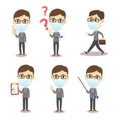 Set Business Man wearing Mask Vector
