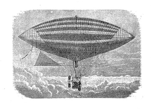 The first electric-powered flight of Gaston Tissandier French aeronaut in 1883, fitting an electric motor with a propeller in the gondola of his hot air balloon