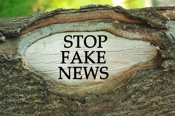 Stop Fake News sign on tree trunk background.Infodemic in COVID-19 pandemic. True coronavirus...