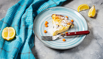 Fresh baked homemade cottage cheese casserole with raisins.
