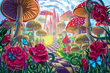  fantastic landscape with mushrooms, beautiful old castle, red roses and butterflies. illustration to the fairy tale "Alice in Wonderland" © svetlanasmirnova