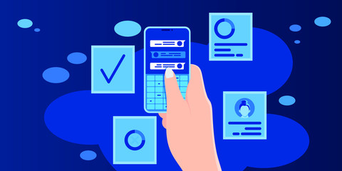 Woman hands holding smartphone using messenger and diagram for work. Concept confident businesswoman character online negotiates. Mobile work 