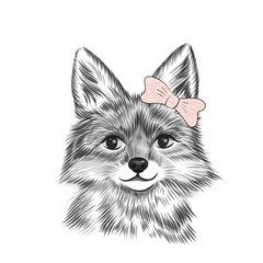 Baby girl poster with little fox with bow, sketch, hand drawn. Greeting card for baby shower, birthday party holidays, with cute animal, vector illustration