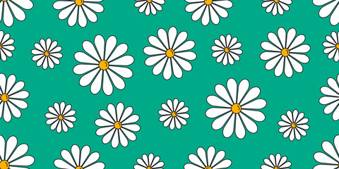 Seamless pattern of line icon illustration of chamomile or daisy blossom flower in green field,simple linear graphic