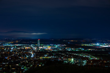 Fototapeta na wymiar Germany, Dark night atmosphere over fellbach city skyline, aerial view above the houses by night