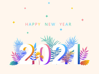 2021. Happy New year. Vector illustration. New year symbol vector illustration. Tropical leaves 2021. Happy new year 2021 creative greeting card design. Floral design for calendar. Tropical banner