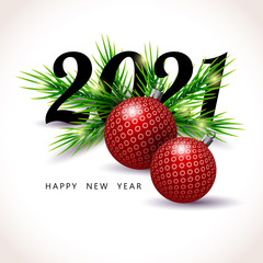 2021 New Year. Christmas fir tree branches with balls decoration isolated on light background. Christmas decorations, vector illustration