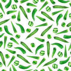 Seamless pattern with green aloe vera leaves on white background. Hand drawn watercolor illustration. - 345136105