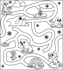 Black and white arctic animals maze game for kids. Vector illustration.