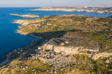 Aerial view of maltese landscape, sunset time. St. Pauls island. Selmun, Malta island