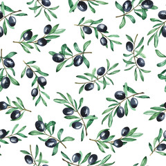 Seamless pattern with fresh dark olives and leaves on white background. Hand drawn watercolor illustration.