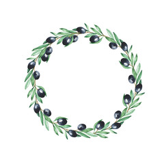Black olives and green olive leaves round border isolated on white background. Hand drawn watercolor illustration.