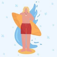 Young man with surf on the sea. Active leisure. Bright vector illustration.