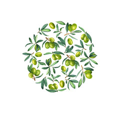 Green olive berries and green leaves circle isolated on white background. Hand drawn watercolor illustration.