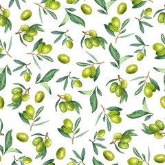 Naklejki  Wzór z jagody świeże zielone oliwki i gałęzi na białym tle. Ręcznie rysowane akwarela ilustracja.