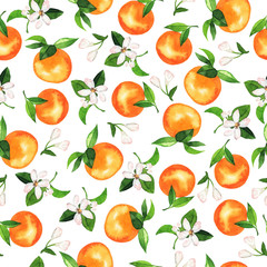 Seamless pattern with oranges or tangerines, green leaves and white flowers on white background. Hand drawn watercolor illustration.