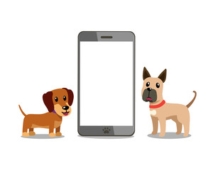 Cartoon character dachshund and great dane dog with smartphone for design.