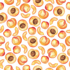 Seamless pattern with fresh peaches on white background. Hand drawn watercolor illustration.