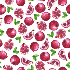 Seamless pattern with red pomegranate and green leaves on white background. Hand drawn watercolor illustration.