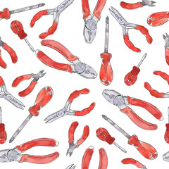 Seamless pattern with red pliers and screwdrivers on white background. Hand drawn watercolor and ink illustration.