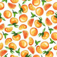 Seamless pattern with orange tangerines and green leaves on white background. Hand drawn watercolor illustration.