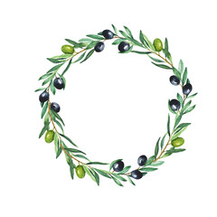 Green and black olive branches round frame isolated on white background. Hand drawn watercolor illustration.