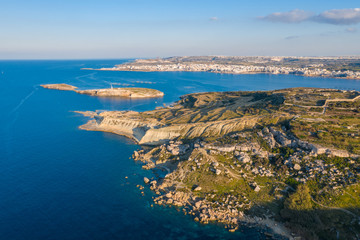 Aerial view of maltese landscape, sunset time. St. Pauls island. Selmun, Malta 