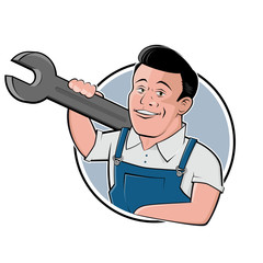 funny cartoon logo of a mechanic in a badge
